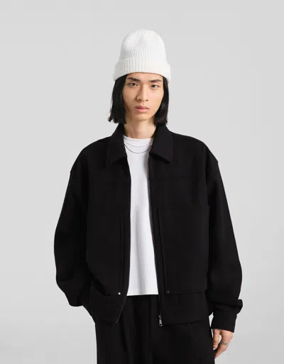 Bershka Boxy Zip-up Overshirt In Black