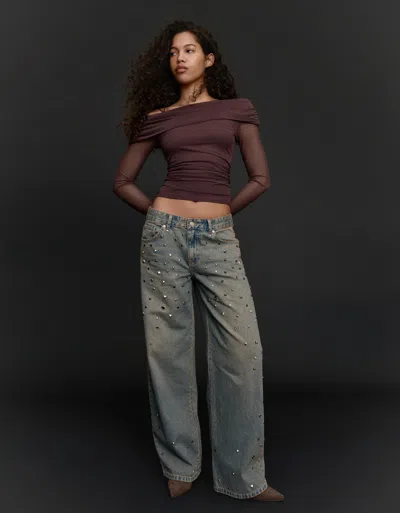 Bershka Boyfriend Low-rise Studded Jeans In Brown