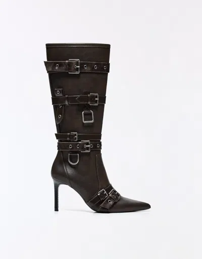 Bershka Buckled Heel Boot In Multi