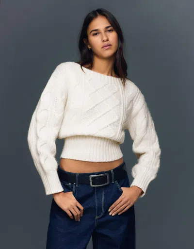 Bershka Cable-knit Boatneck Sweater In White