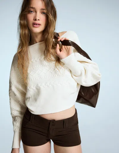 Bershka Cable-knit Boatneck Sweater In White
