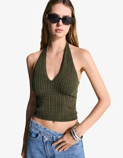 Bershka Cable-knit Halter Top In Green