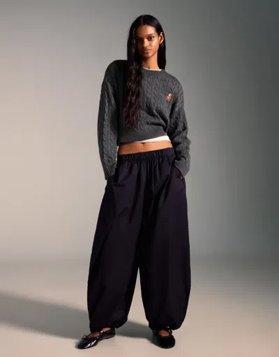 Bershka Cable-knit Sweater With Embroidery In Gray