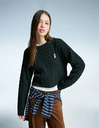 Bershka Cable-knit Sweater With Embroidery In Green