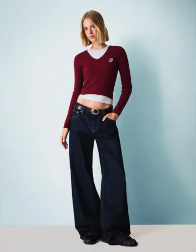 Bershka Cable-knit Sweater With Embroidery In Red