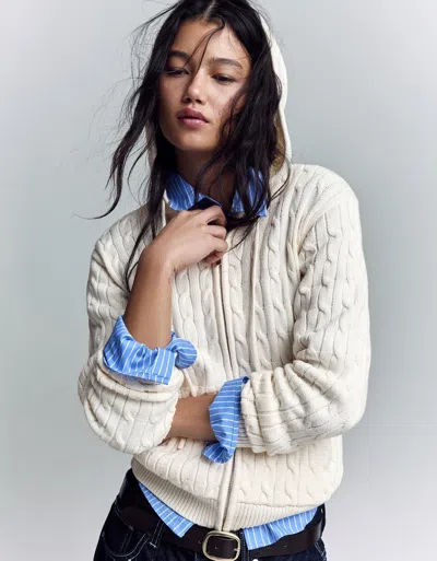 Bershka Cable Knit Zip-up Cardigan In White