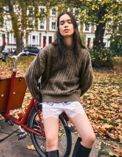 Bershka Cableknit Sweater In Brown