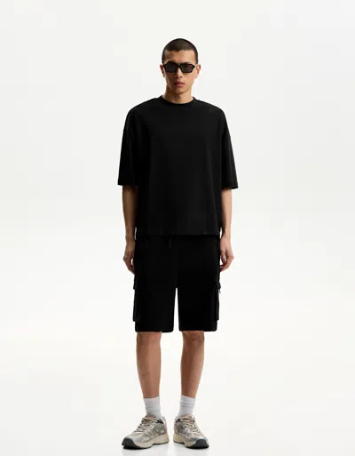Bershka Cargo Bermuda Sweat Shorts In Black