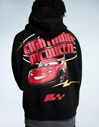 Bershka Cars Print Hooded Sweatshirt In Black