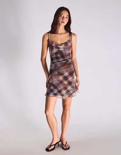 Bershka Check Tulle Mini Dress In Brown