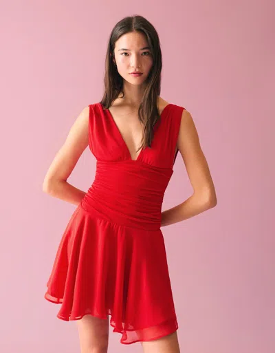 Bershka Chiffon Flounce Mini Dress In Red