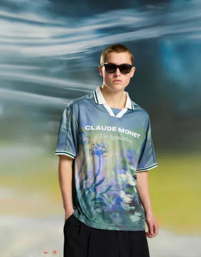 Bershka Claude Monet Les Agapanthes Short Sleeve Polo Shirt In Blue