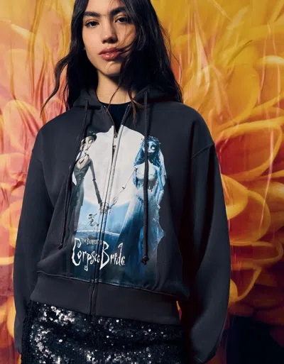 Bershka Corpse Bride Print Hooded Sweatshirt In Blue
