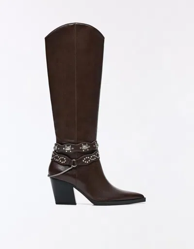 Bershka Cowboy Heel Boot In Brown