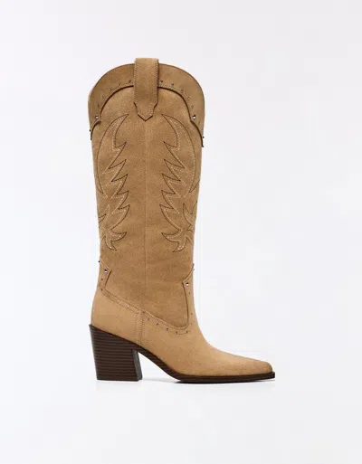 Bershka Cowboy Heel Boot With Studs In Brown
