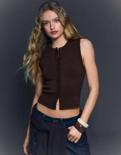 Bershka Crew Neck Buttoned Waistcoat In Brown