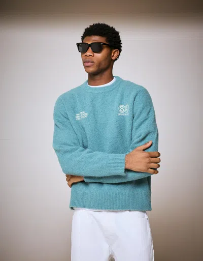 Bershka Crew Neck Print Sweater In Blue