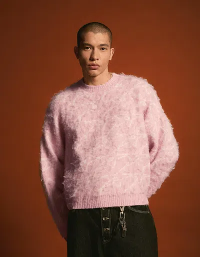 Bershka Crew Neck Print Sweater In Pink