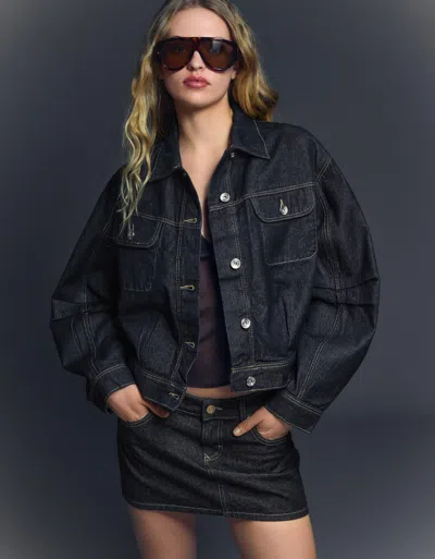 Bershka Cropped Balloon Denim Jacket In Black