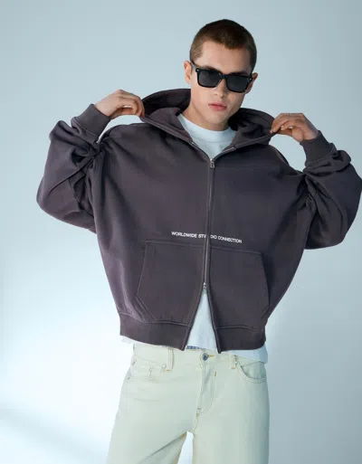 Bershka Cropped Boxy Fit Zip-up Sweatshirt With Print In Multi