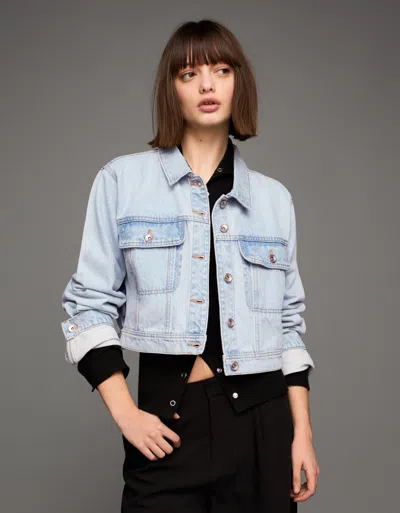 Bershka Cropped Denim Jacket In Blue