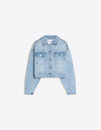 Bershka Cropped Denim Rhinestone Jacket In Blue