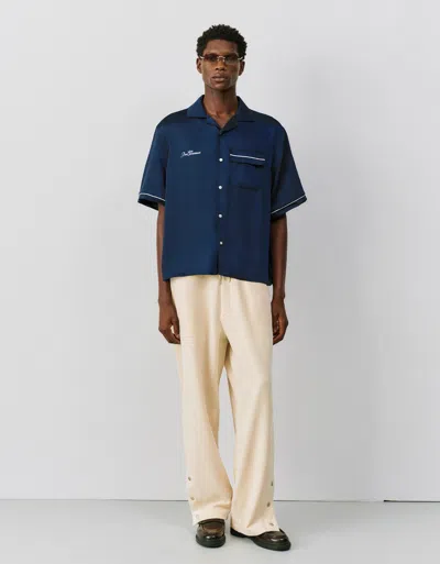 Bershka Cropped Short Sleeve Sateen Shirt In Blue