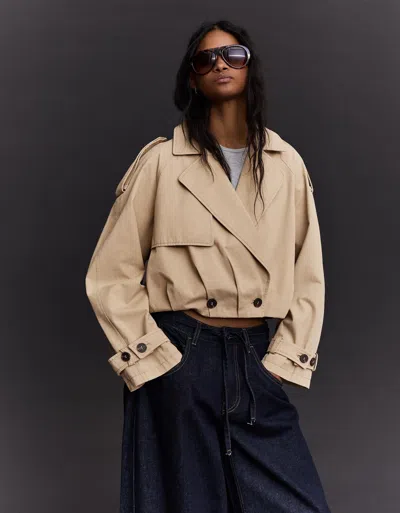 Bershka Cropped Trench Jacket With Balloon Effect In Neutral