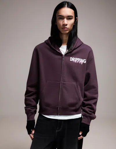 Bershka Cropped Zip-up Printed Sweatshirt In Purple