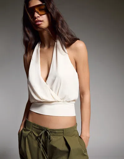 Bershka Crossover Halter Neck Top In White