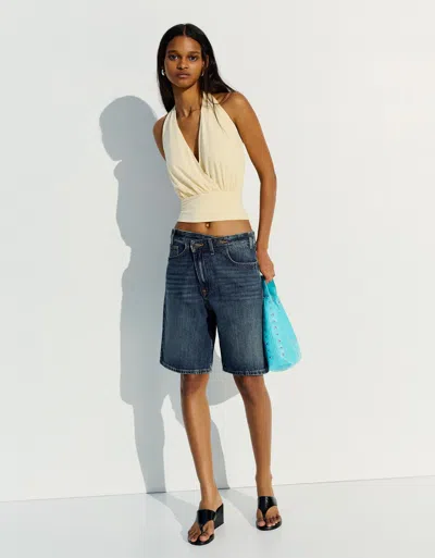 Bershka Denim Bermuda Shorts With Crossover Waist In Blue