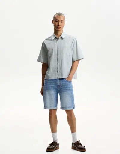 Bershka Denim Bermuda Shorts With Turn-up Hems In Gray