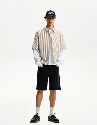 Bershka Denim Bermuda Shorts With Turn-up Hems In Neutral