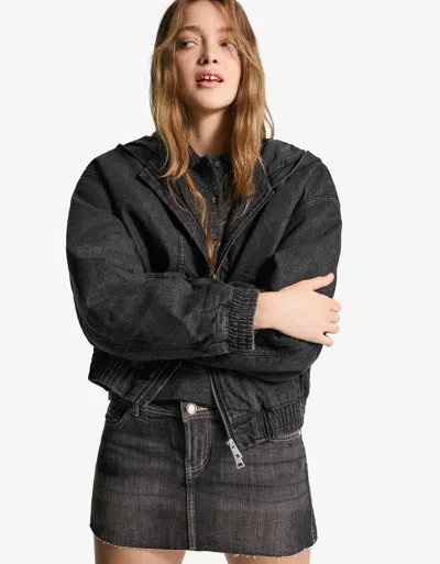 Bershka Denim Bomber Jacket With Hood And Studs In Black