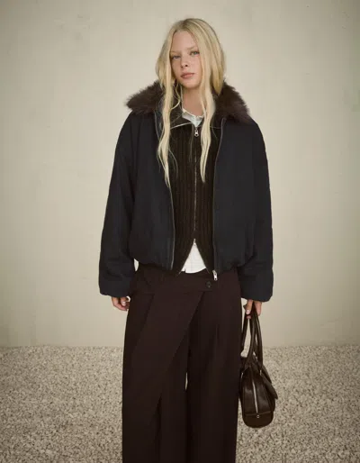 Bershka Denim Jacket With Faux Fur Collar In Black