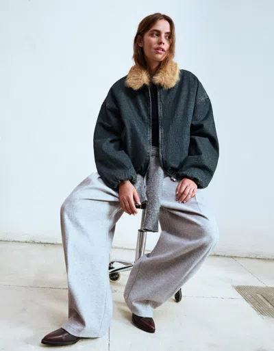 Bershka Denim Jacket With Faux Fur Collar In Blue