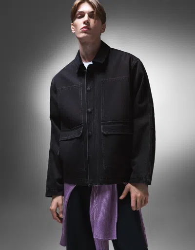 Bershka Denim Jacket With Pockets In Black