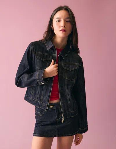 Bershka Denim Jacket With Zip In Blue