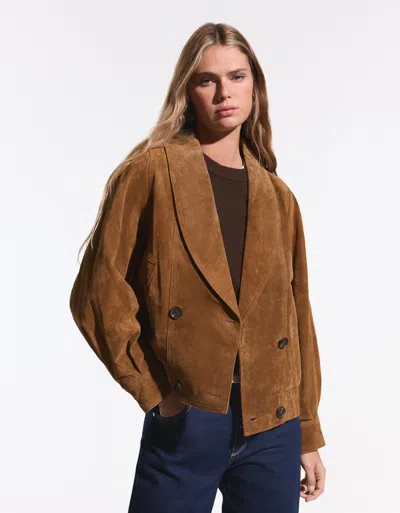 Bershka Double-breasted Suede Leather Jacket In Brown