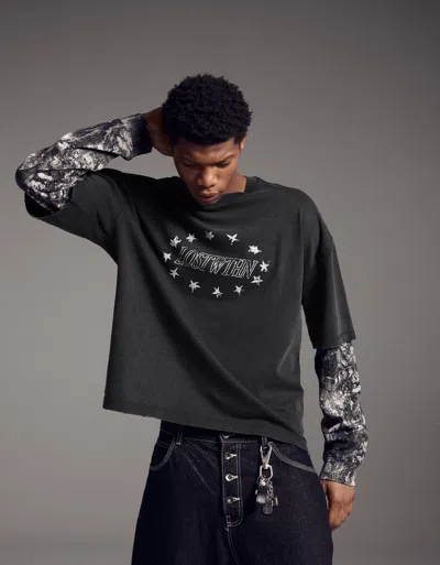 Bershka Double Print Long Sleeve T-shirt In Black