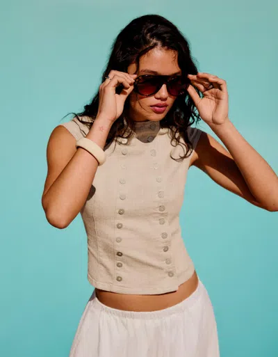 Bershka Double-breasted Denim Top In Brown