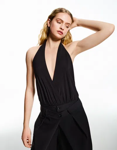 Bershka Draped Halter Bodysuit In Black