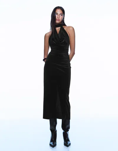 Bershka Draped Velvet Effect Midi Dress In Multi