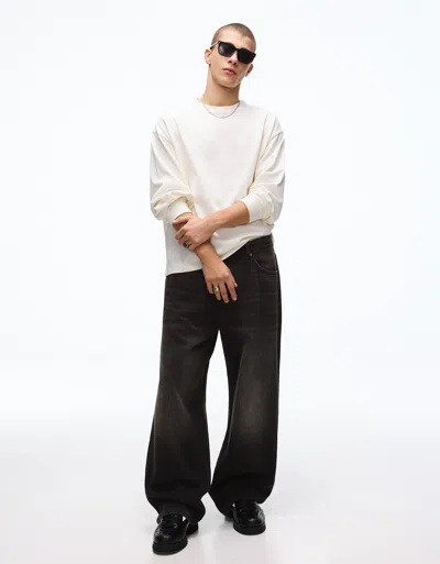 Bershka Embroidered Barrel Jeans In Neutral