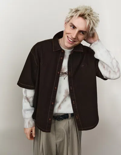 Bershka Embroidered Boxy Fit Shirt In Brown