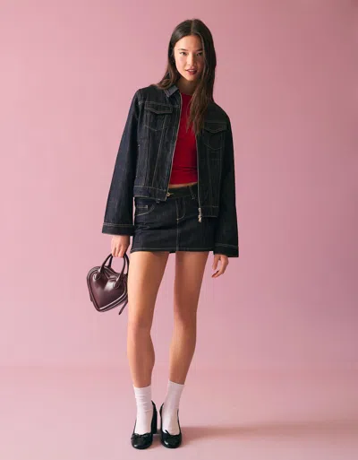 Bershka Embroidered Denim Mini Skirt In Blue