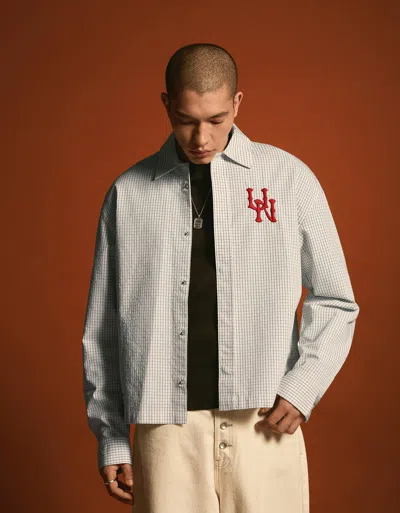 Bershka Embroidered Long Sleeve Boxy Fit Shirt In Neutral