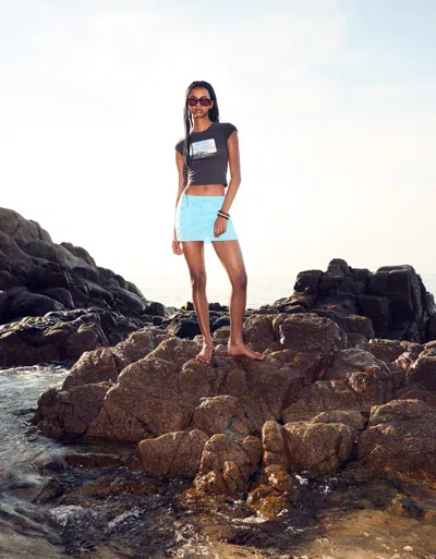 Bershka Embroidered Mini Skirt In Blue