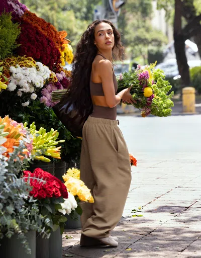 Bershka Embroidered Plush Joggers In Brown