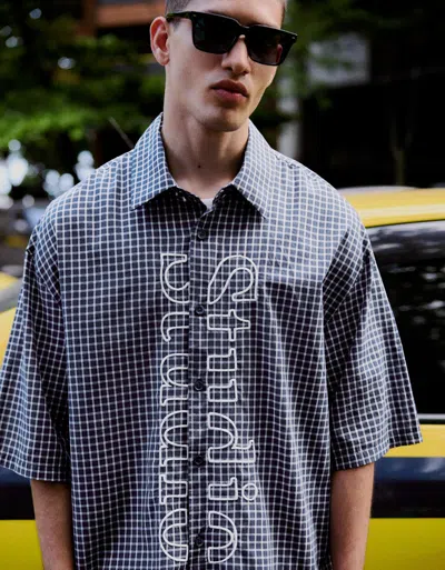 Bershka Embroidered Short Sleeve Boxy Fit Shirt In Blue